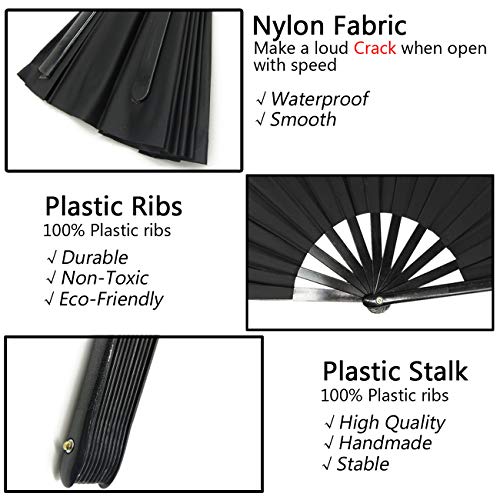 TIHOOD 2PCS Large Folding Silk Hand Fan Hand Folding Fans Chinese Tai Chi Folding Fan for Men and Women Performance, Dance, Decorations, Festival, Gift (Black x2)