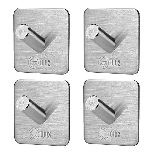 QJUZ Adhesive Hooks, Towels Hooks, Wall Hooks Heavy Duty SUS304 Stainless Steel Super Powerful Stick on Hooks, Bathroom Kitchen Organizer for Hanging Robes/Towels/Clothes/Hats/Keys (4Packs)