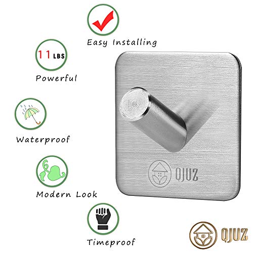 QJUZ Adhesive Hooks, Towels Hooks, Wall Hooks Heavy Duty SUS304 Stainless Steel Super Powerful Stick on Hooks, Bathroom Kitchen Organizer for Hanging Robes/Towels/Clothes/Hats/Keys (4Packs)