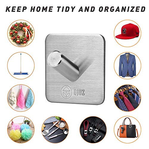 QJUZ Adhesive Hooks, Towels Hooks, Wall Hooks Heavy Duty SUS304 Stainless Steel Super Powerful Stick on Hooks, Bathroom Kitchen Organizer for Hanging Robes/Towels/Clothes/Hats/Keys (4Packs)