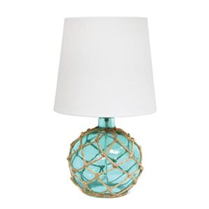 elegant designs lt1050-aqu buoy rope nautical netted coastal ocean sea glass table lamp with white fabric shade, aqua