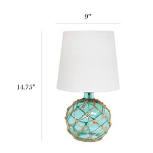 Elegant Designs LT1050-AQU Buoy Rope Nautical Netted Coastal Ocean Sea Glass Table Lamp with White Fabric Shade, Aqua