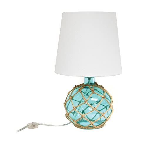 Elegant Designs LT1050-AQU Buoy Rope Nautical Netted Coastal Ocean Sea Glass Table Lamp with White Fabric Shade, Aqua
