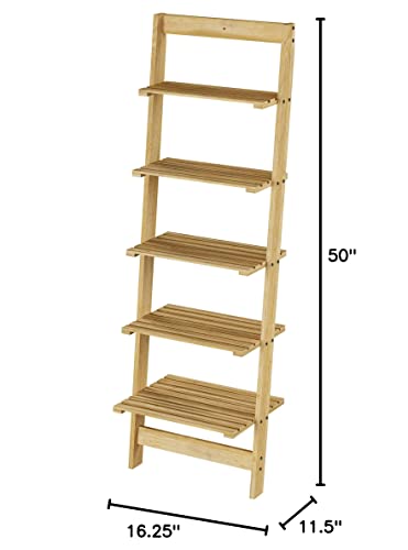 Lavish Home 5-Tier Ladder Bookshelf- Leaning Decorative Shelves, Pickled Oak Finish