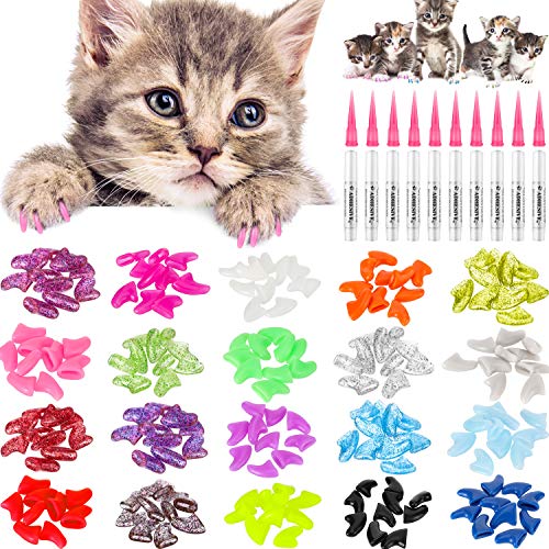 WILLBOND 200 Pieces 20 Color Cat Claw Caps with 10 Pcs Adhesive Glues and 10 Pcs Applicators Cat Claw Covers Cat Nail Tips with Instruction for Pets Cats