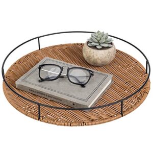 mygift 15 inch round brown woven rattan decorative serving display tray with metal frame handles