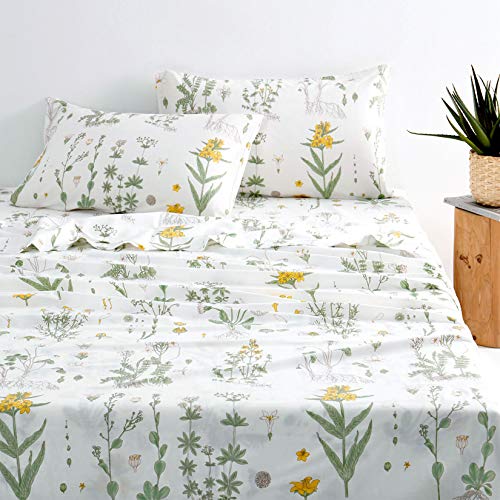 Wake In Cloud - Botanical Sheet Set, Yellow Flowers and Green Leaves Floral Garden Pattern Printed on White, Soft Microfiber Bedding (4pcs, Queen Size)