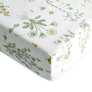 Wake In Cloud - Botanical Sheet Set, Yellow Flowers and Green Leaves Floral Garden Pattern Printed on White, Soft Microfiber Bedding (4pcs, Queen Size)