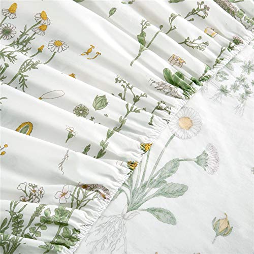 Wake In Cloud - Botanical Sheet Set, Yellow Flowers and Green Leaves Floral Garden Pattern Printed on White, Soft Microfiber Bedding (4pcs, Queen Size)