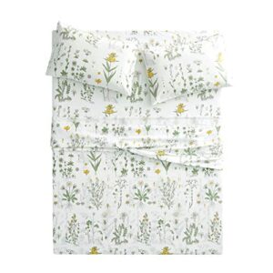 Wake In Cloud - Botanical Sheet Set, Yellow Flowers and Green Leaves Floral Garden Pattern Printed on White, Soft Microfiber Bedding (4pcs, Queen Size)