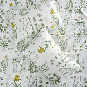 Wake In Cloud - Botanical Sheet Set, Yellow Flowers and Green Leaves Floral Garden Pattern Printed on White, Soft Microfiber Bedding (4pcs, Queen Size)