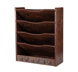 pag 5-tier wall file holder hanging mail organizer wood magazine literature rack with 6 hooks, brown