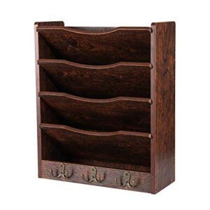 PAG 5-Tier Wall File Holder Hanging Mail Organizer Wood Magazine Literature Rack with 6 Hooks, Brown