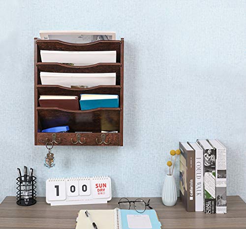 PAG 5-Tier Wall File Holder Hanging Mail Organizer Wood Magazine Literature Rack with 6 Hooks, Brown