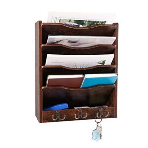 PAG 5-Tier Wall File Holder Hanging Mail Organizer Wood Magazine Literature Rack with 6 Hooks, Brown