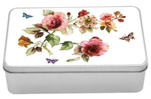 ambesonne flower tin box, shabby form roses buds leaves tulips floral details butterfly natural eco print, portable rectangle metal organizer storage box with lid, 7.2" x 4.7" x 2.2", green rose