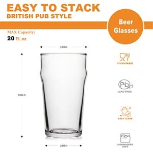 Pint Glasses,20oz British Beer Glass,Classics Craft Beer Glasses,Premium Beer Glasses Tumbler Set of 4, Pub Beer Glasses,Unique Design Beer Glasses Easy Stacking in The Cupboard