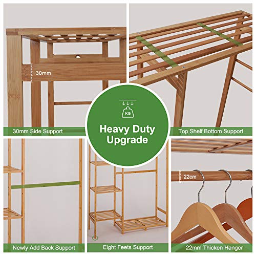 COOGOU Bamboo Wood Clothing Garment Rack with Shelves Clothes Hanging Rack Stand for Child Kids Adults Cloth Shoe Coat Storage Organizer Shelf in Entryway Office Shop Laundry Corner Space Saving