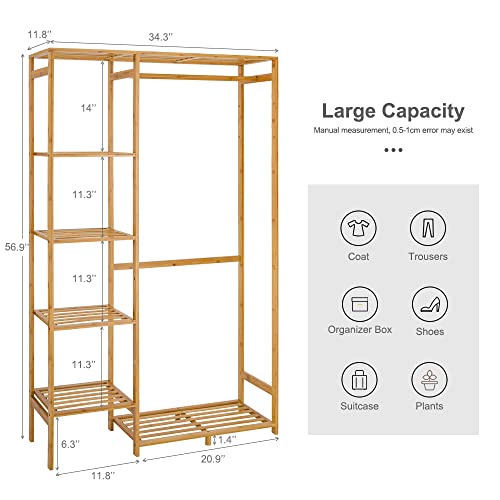 COOGOU Bamboo Wood Clothing Garment Rack with Shelves Clothes Hanging Rack Stand for Child Kids Adults Cloth Shoe Coat Storage Organizer Shelf in Entryway Office Shop Laundry Corner Space Saving