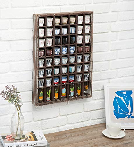J JACKCUBE DESIGN - Rustic Wood Shot Glasses Display Case 56 Compartments Wall Mount Pint glass Shadow box Bar Cabinet Collection Freestanding - MK524A