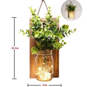 Rustic Wall Sconces, Mason Jar Sconces, Farmhouse Home Decor, LED Fairy Lights, Green Fake Plant, Interior Decoration Warm Toned Lighting. (2 Pack)