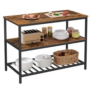 vasagle kitchen island with 3 shelves, 47.2 inches kitchen shelf with large worktop, stable steel structure, industrial, easy to assemble, rustic brown and black ukki01bx