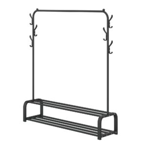 udear garment rack free-standing clothes rack with top rod,lower storage and 6 hooks,black