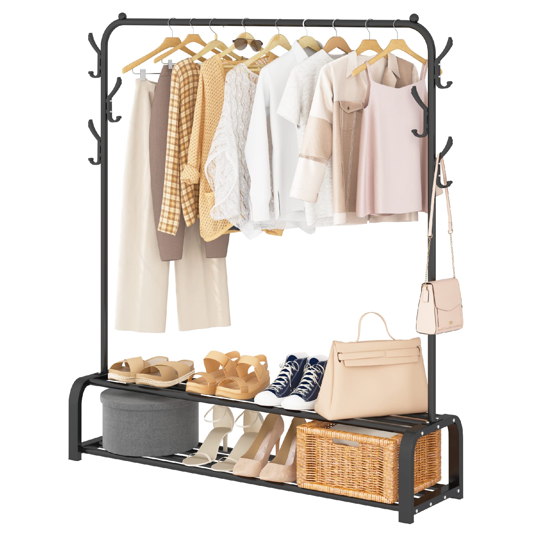 UDEAR Garment Rack Free-standing Clothes Rack with Top Rod,Lower Storage and 6 Hooks,Black