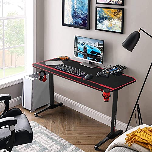 VITESSE Ergonomic Gaming Desk 55 Inch, T Shaped Office PC Computer Desk with Full Desk Mouse Pad, Gamer Tables with Gaming Handle Rack, Cup Holder Headphone Hook