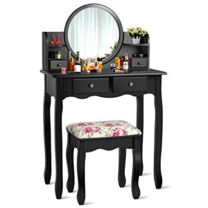 charmaid vanity set with 4 storage shelves and 4 drawers, makeup table with 360° pivoted round mirror and makeup organizers, dressing table with mirror and cushioned stool for women girls (black)