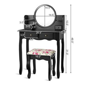 CHARMAID Vanity Set with 4 Storage Shelves and 4 Drawers, Makeup Table with 360° Pivoted Round Mirror and Makeup Organizers, Dressing Table with Mirror and Cushioned Stool for Women Girls (Black)