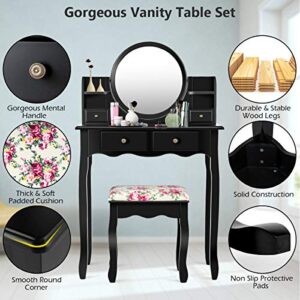 CHARMAID Vanity Set with 4 Storage Shelves and 4 Drawers, Makeup Table with 360° Pivoted Round Mirror and Makeup Organizers, Dressing Table with Mirror and Cushioned Stool for Women Girls (Black)