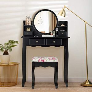 CHARMAID Vanity Set with 4 Storage Shelves and 4 Drawers, Makeup Table with 360° Pivoted Round Mirror and Makeup Organizers, Dressing Table with Mirror and Cushioned Stool for Women Girls (Black)