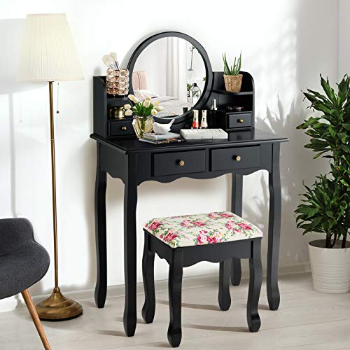 CHARMAID Vanity Set with 4 Storage Shelves and 4 Drawers, Makeup Table with 360° Pivoted Round Mirror and Makeup Organizers, Dressing Table with Mirror and Cushioned Stool for Women Girls (Black)