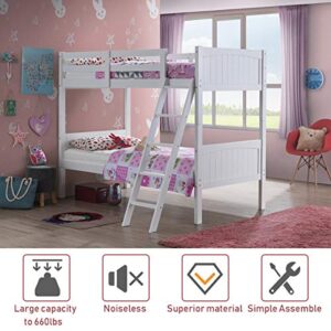 Costzon Wood Twin Over Twin Bunk Beds Convertible 2 Individual Twin Beds for Kids Children, Solid Rubberwood Bunk Bed with Ladder and Safety Rail (White)