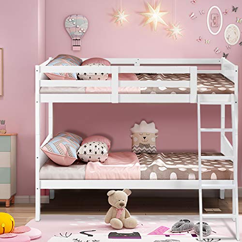 Costzon Wood Twin Over Twin Bunk Beds Convertible 2 Individual Twin Beds for Kids Children, Solid Rubberwood Bunk Bed with Ladder and Safety Rail (White)