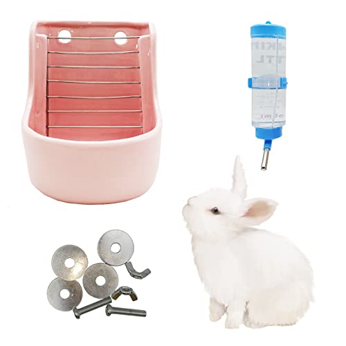 Tfwadmx 2 in 1 Rabbit Hay Food Feeder Bunny Hanging Grass Dispenser Pet Cage Manger Rack Guinea Pig Hay Food Bowl with Water Bottle for Small Animals Chinchilla Hedgehog