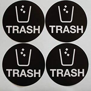 Trash Stickers Vinyl Decals (4 Pack) 5" Diameter for Trash Can Bins, Self Adhesive Sign, Waterproof UV Protected Indoor Outdoor (X4PS10)