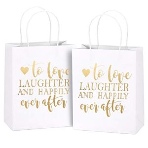 laribbons medium size gift bags - gold foil to love laughter and happily ever after white paper bags with handles for wedding, birthday, baby shower, party favors - 12 pack - 8" x 4" x 10"
