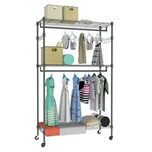 Kemanner Heavy Duty Rolling Garment Rack 3-Tiers Wire Shelving W/Double Rods & Lockable Wheels & 1 Pair Side Hooks - Hold Up to 400Lbs (Black, 2Rod 2Hook)