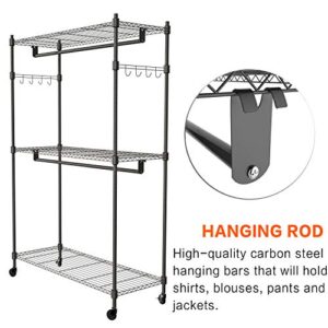 Kemanner Heavy Duty Rolling Garment Rack 3-Tiers Wire Shelving W/Double Rods & Lockable Wheels & 1 Pair Side Hooks - Hold Up to 400Lbs (Black, 2Rod 2Hook)