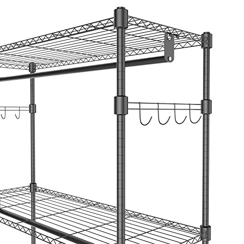 Kemanner Heavy Duty Rolling Garment Rack 3-Tiers Wire Shelving W/Double Rods & Lockable Wheels & 1 Pair Side Hooks - Hold Up to 400Lbs (Black, 2Rod 2Hook)