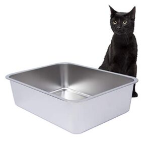 dimaka stainless steel litter box for cat and kitten, 6 inch side height, non stick smooth surface metal pan, easy to clean, non odor and rust proof, safe and hard (17.5" x 14")