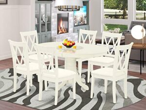 east-west furniture avcl7-lwh-c dining table set- 6 wonderful wooden chairs with linen fabric seat - a butterfly leaf pedestal dining table (linen white finish)