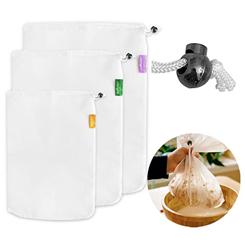 purifyou Premium Reusable Nut Milk Bags - Set of 3 (80, 160, 200 microns), Cold Brew Bags and Cheese Cloths, For Straining Tea and Fruit Juice, Reusable Shopping Bag and Produce Storage