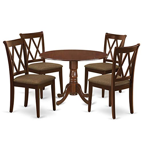 East West Furniture DLCL5-MAH-C 5-Pc Set Mahogany Finish-Two 9-inch Drops Leave and Pedestal Legs Modern Dining Table & 4 Double X-Back Wooden Chairs