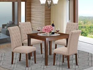 east west furniture oxbr5-mah-04 5pc dining set includes a square dinette table and four parson chairs with light fawn fabric, mahogany finish, 5-piece