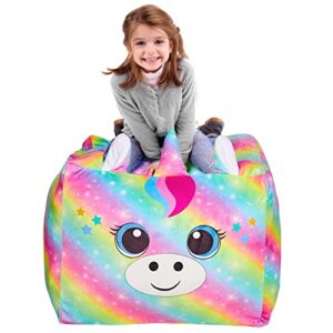 mhjy bean bag cover stuffed animals storage unicorn beanbag chair cover for kids toys storage bag toy organizer cover (no beans)