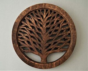 set of 2 wooden trivets for hot dishes pots and pans tea pot holders nonslip heat resistant kitchen counter accessories for table countertops (trwal) 8" diameter tree of life design