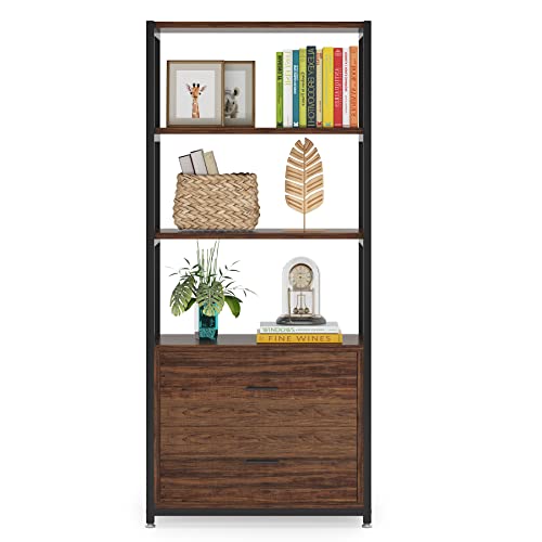 Tribesigns Bookcase, 4-Tier Rustic Bookshelf with 2 Drawers, Etagere Standard Book Shelves Display Shelf for Home Office